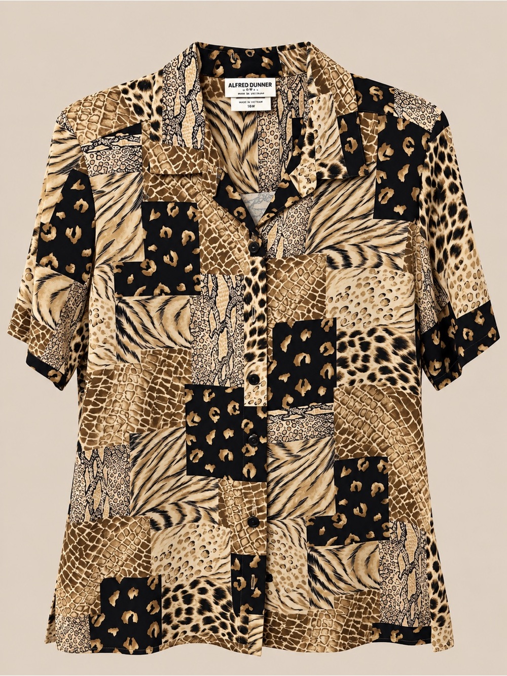 Alfred Dunner Black and Brown Patchwork Animal Print Button-Down Shirt